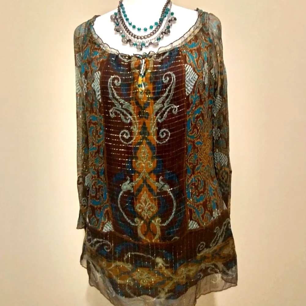 Vintage Hale Bob Brown And Teal Shimmery Blouse - Picture 1 of 9